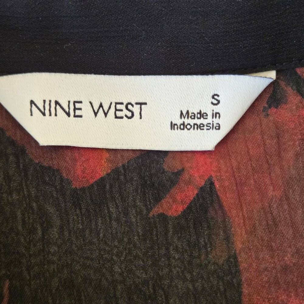 NEW Nine West Womens Black Red Floral Georgette Fabric Shirt Dress Small - Picture 3 of 12